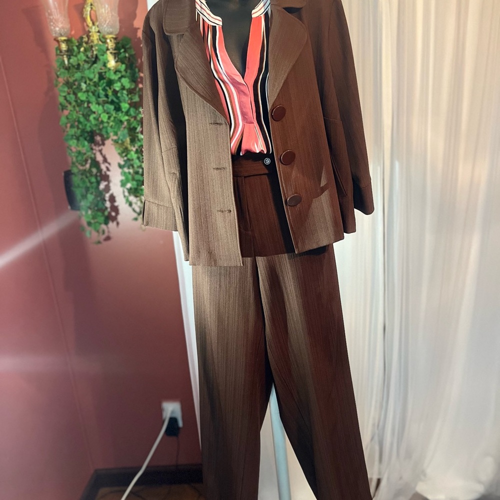 New York & Company Striped Top in Coral, Brown and Black and Brown Pantsuit.